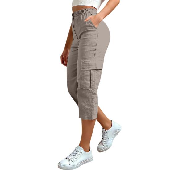 Women Cropped Pants Elastic High Waist Straight Leg Cargo Pants with Pockets Summer Casual Pants Versatile Wear