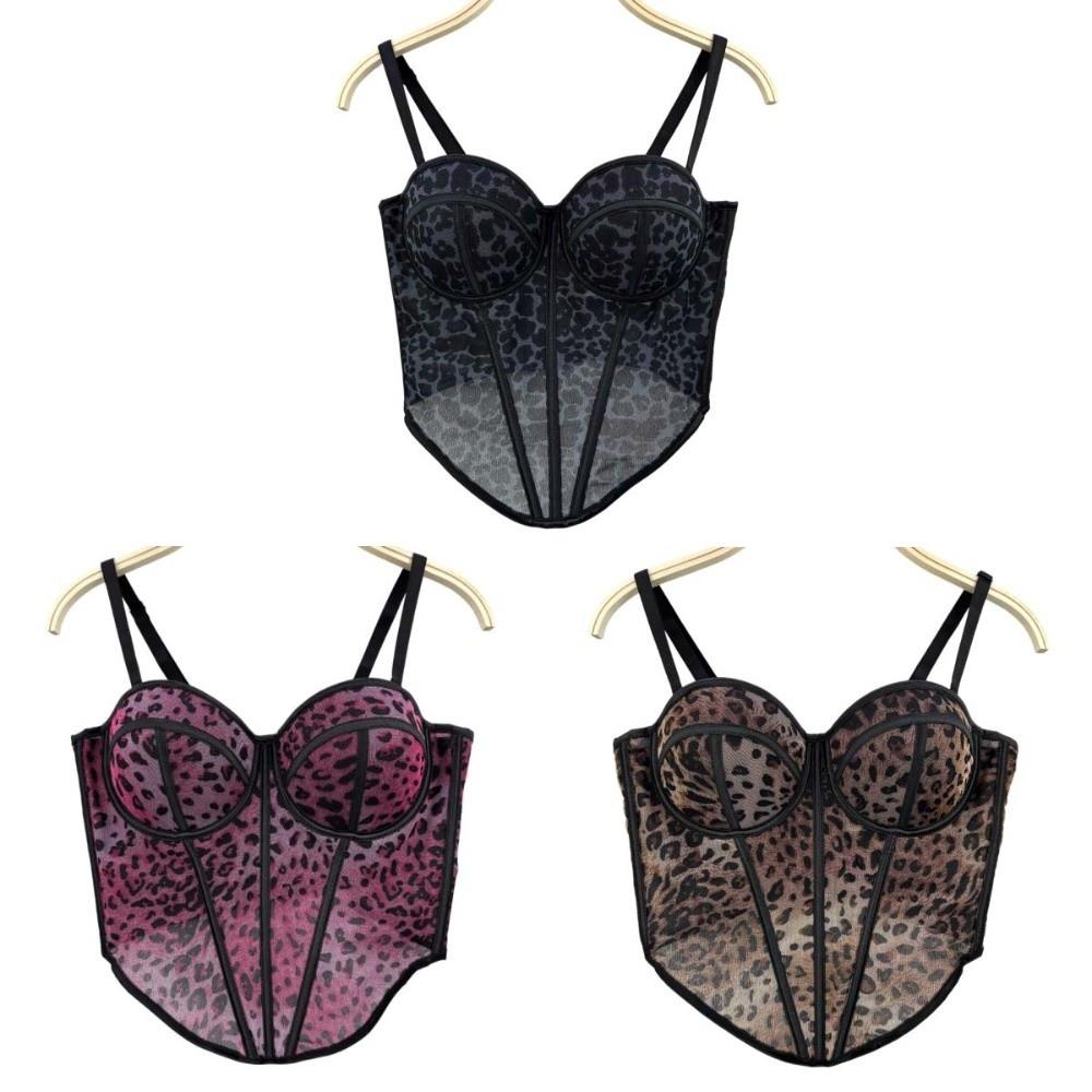 Slim Fit Leopard Print Fishbone Camisole Buckle Elegant Suspender Vest Sleeveless with Padded Cups Slim Leopard Corset Ladies