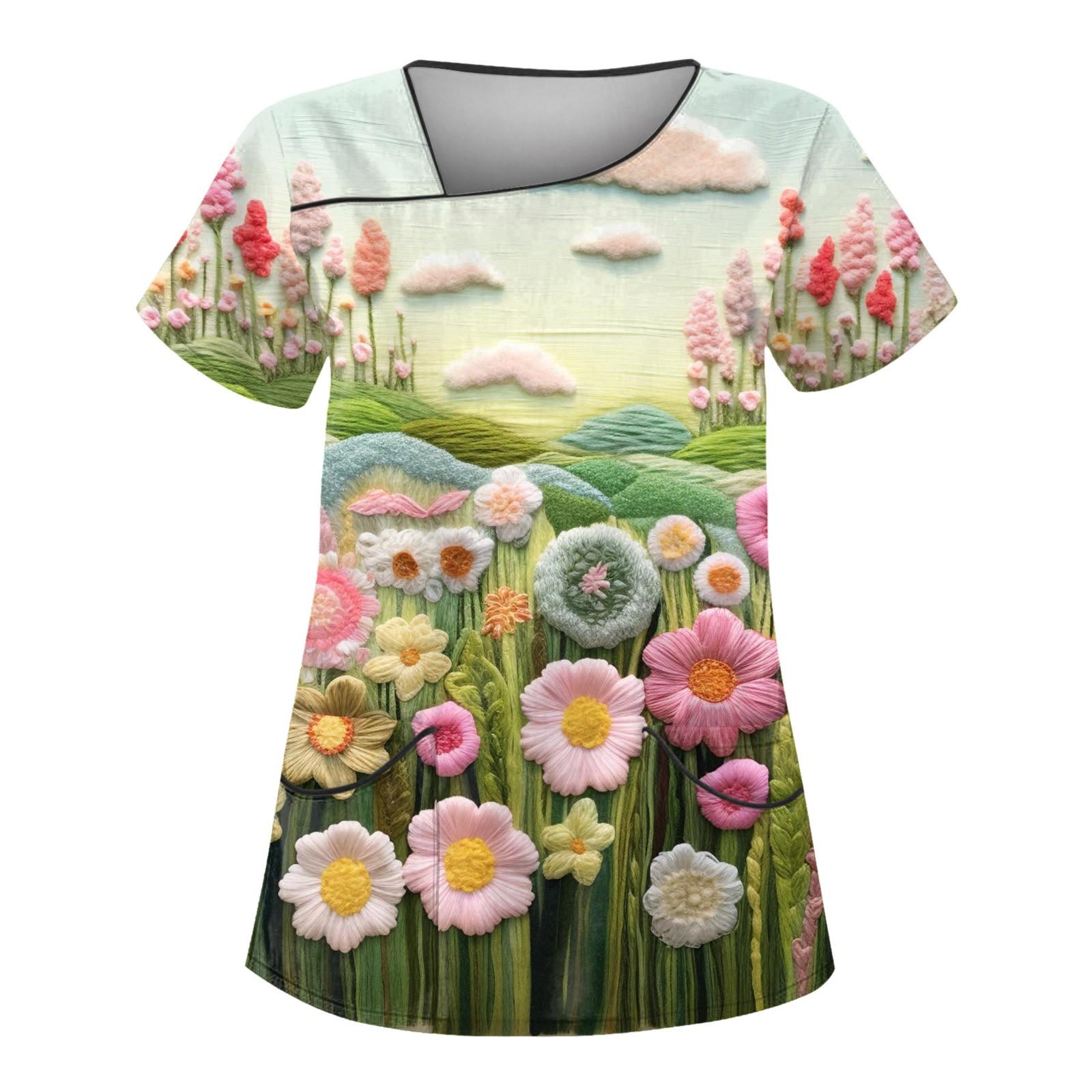 

Women s Simulated Embroidery Printed Pattern Slope Collar Double Pocket Top Protective Clothing L