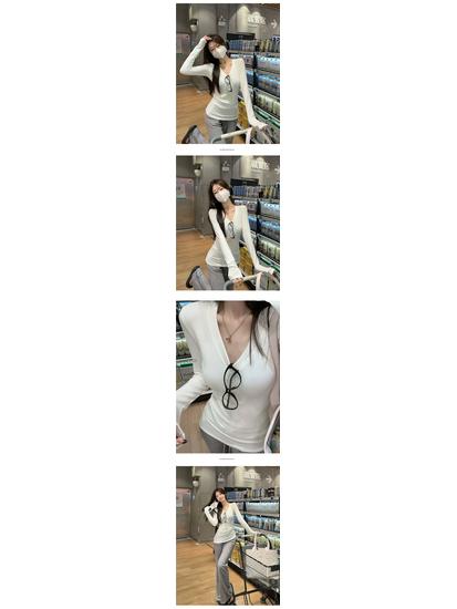 Women's Slim Fit V-Neck Long Sleeve Shirt - Solid Color Korean Style for Spring and Autumn