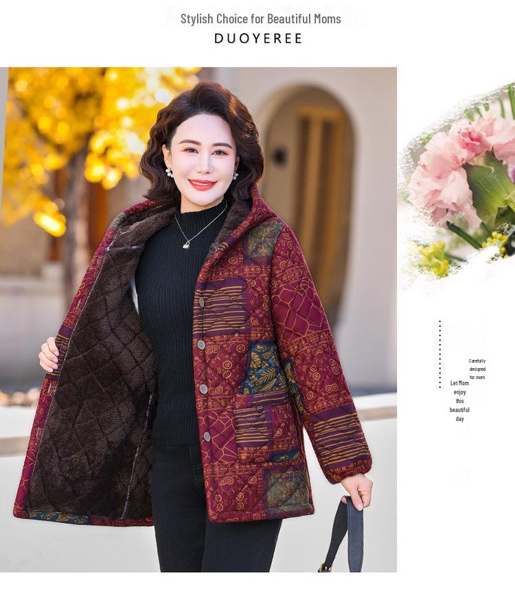 Floral Hooded Velvet Cotton Jacket for Middle-Aged & Elderly Women - Warm Winter Coat