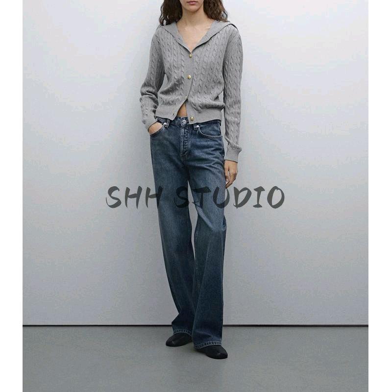 MD Spring New Women's Clothing Gray Pure Cotton Twisted Sailor Collar Sweaters Cardigan 5746641