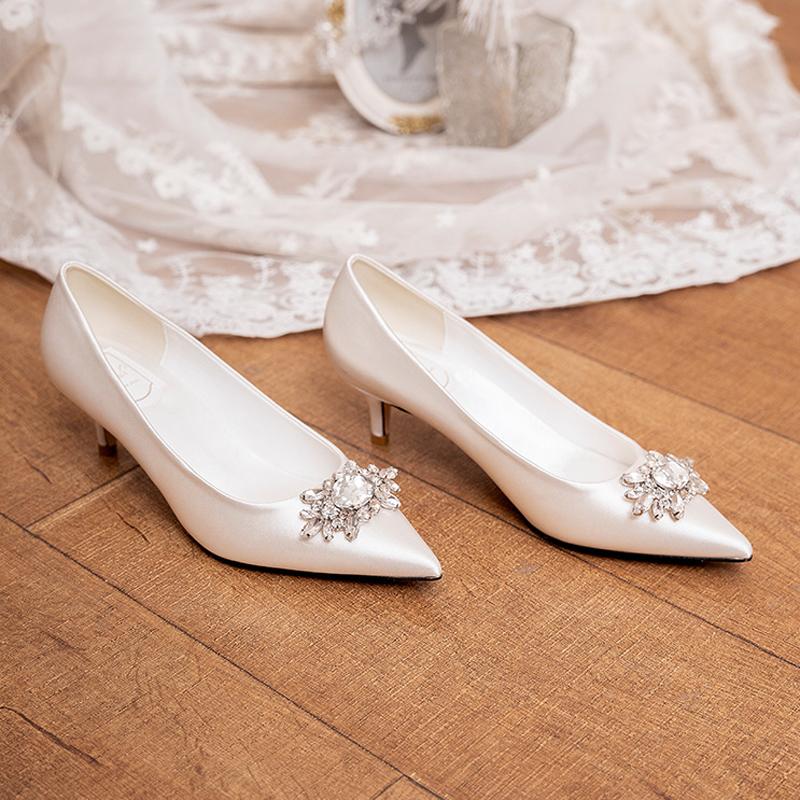 Fashion Silk Bridal Wedding Shoes Woman 5cm High Heels Crystal Buckle Pumps Ladies Traf Loafers Zapatos Mujer Big Size 34-43 Escarpins