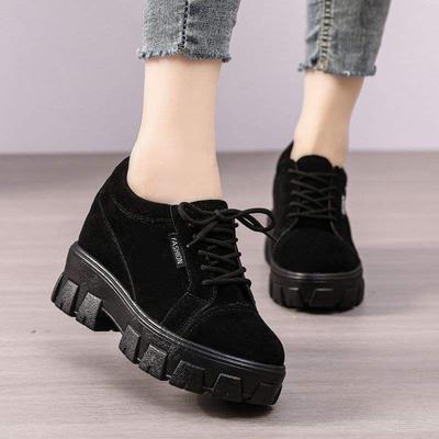 Inner Height Increase Thick Sole 8cm Small Women's Shoes 2025 New Spring and Autumn Thin Cow Velvet Black Dad Shoes