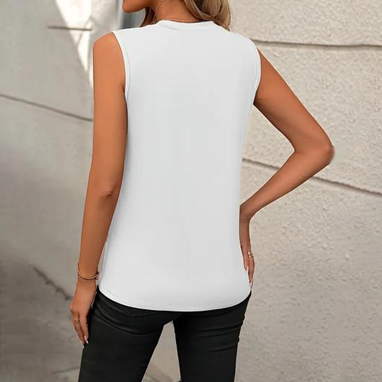 Summer Women Vest Loose Fit Sleeveless Round Neck Tank Tops Solid Color Line Details Breathable Vest