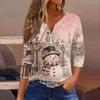 Women's Fashion Casual Christmas Print V-Neck Button Three-Quarter Sleeve T-Shirt Top