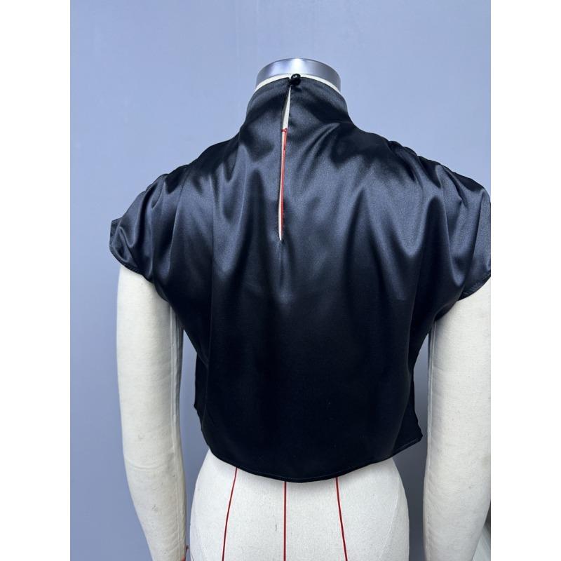 Summer Women's Pleated Batball Sleeve Satin Shirt Color Ding Imitation Silk Short Top Blouses & Shirts