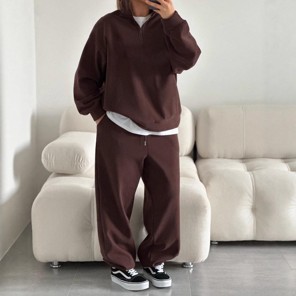 Pink Notch Collar Casual Sweatsuit Set with Loose Fit