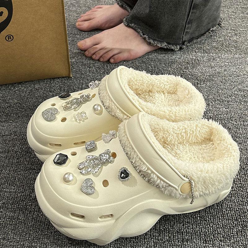 New velvet hole shoes women's winter non-slip outer wear cotton shoes heightened thick-soled home removable cotton slippers