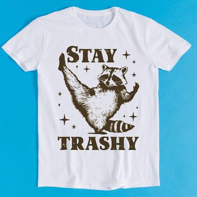 Raccoon Stay Trashy Printed Tshirt Witty Humorous Funny Top Loose and Comfortable Short Sleeved Trendy Womens Tshirt