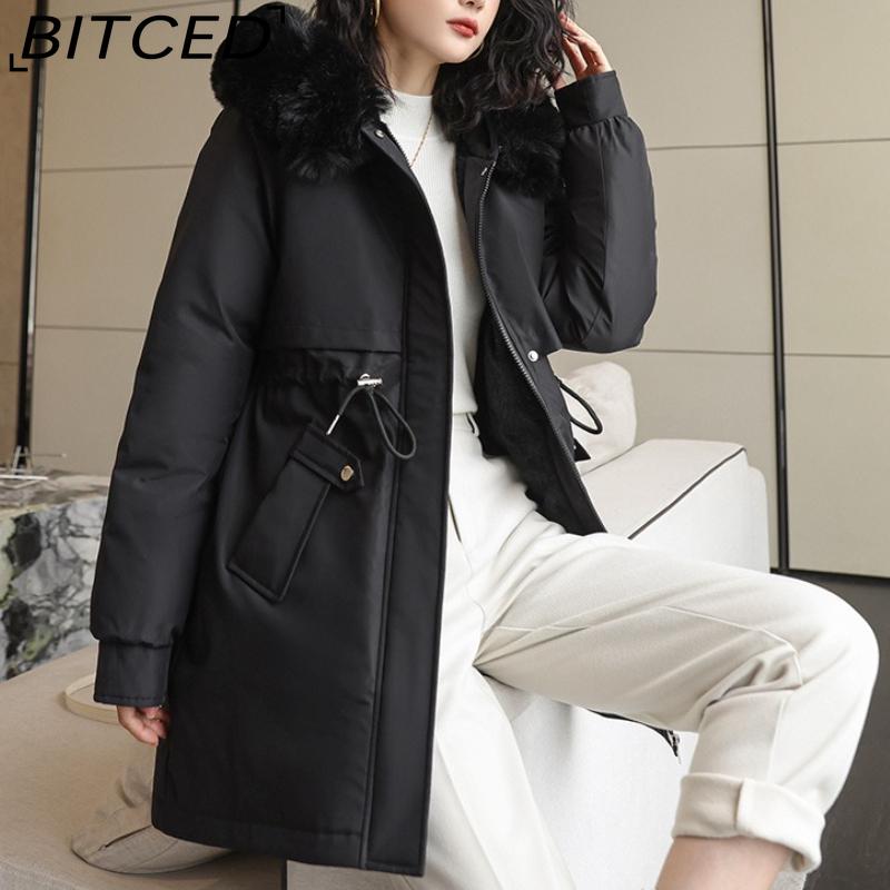 BITCED Winter Parka - Women's Relaxed-Fit Mid-Length Cotton Coat with Large Fur Collar