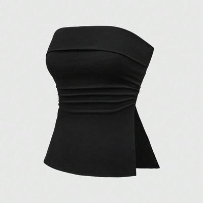 Καλοκαιρινό στράπλες με έναν ώμο, μονόχρωμο, απλό, κοντό, με σκίσιμο, εφαρμοστό, σλιμ, γυναικείο γιλέκο