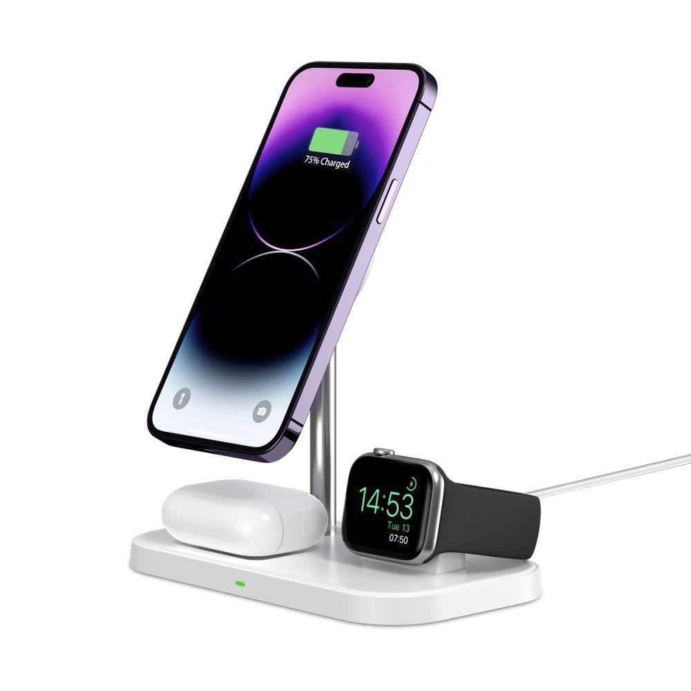 Ładowarka indukcyjna 3w1 ze stojakiem na smartfon Apple Watch AirPods MagSafe - biała