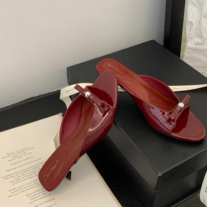 

Летняя женская мода Шлепанцы с открытым носком Элегантные шлепанцы на низком каблуке В горошек Вечернее платье Сандалии Обувь 35 вино красного