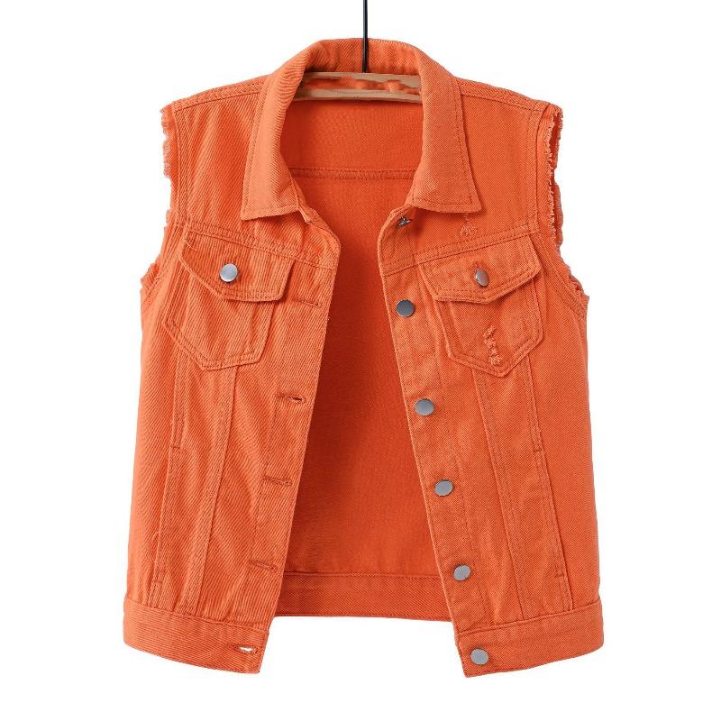 Women Single Breasted Denim Vest Autumn Winter Solid Casual Turn Down Collar Pocket Sleeveless Short Jean Coat Streetwear