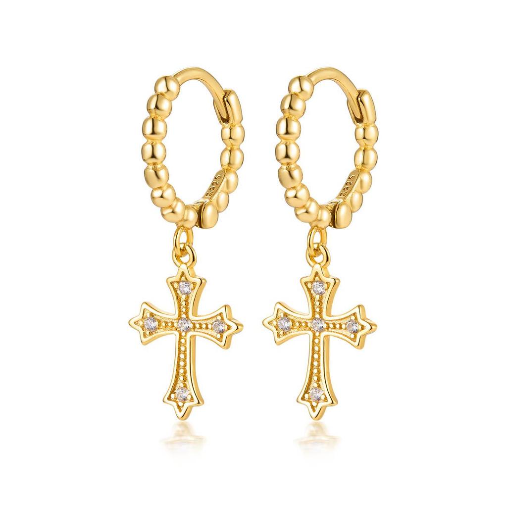 S925 Sterling Silver Zircon Cross Earrings with Round Bead Hoops - High-End European and American Style for Women