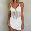 Sommer Strand Minikleid Damen Sexy Tiefer V-Ausschnitt Hinten Ausgeschnitten Pullover Damen Strickpullover Durchsichtig Lässig Schlank Trägerkleider