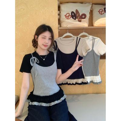 Women's Korean Style Short-Sleeve Round Neck T-Shirt with Wood Ear Hem-Trim, Faux Two-Piece Design