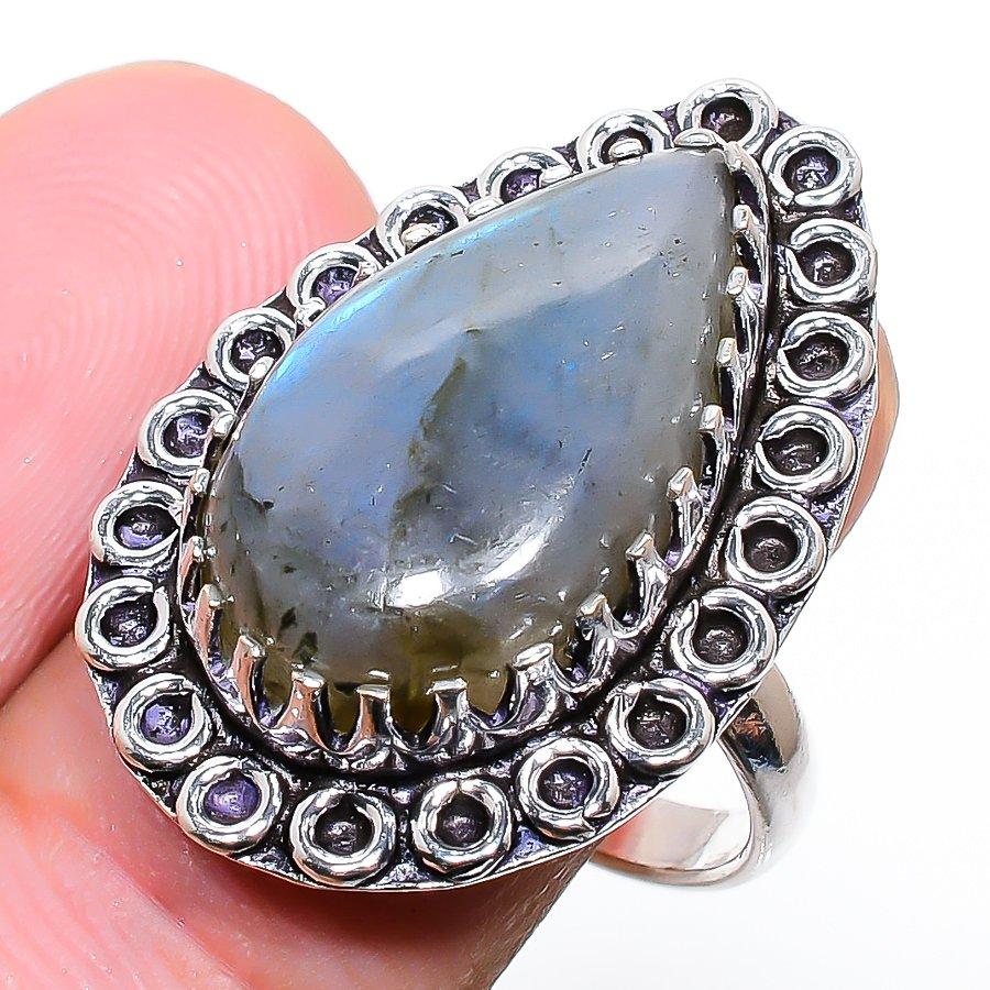 Labradorite Gemstone Handmade 925 Sterling Silver Jewelry Ring Size 7.5