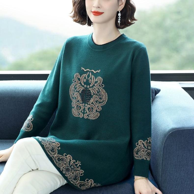 Fall Winter Women's Thick Crew Neck Wool Sweater Loose Rhinestone Embroidered Plus-size Sweater Soft Skin-friendly Knitted Stretchy Pullover Top