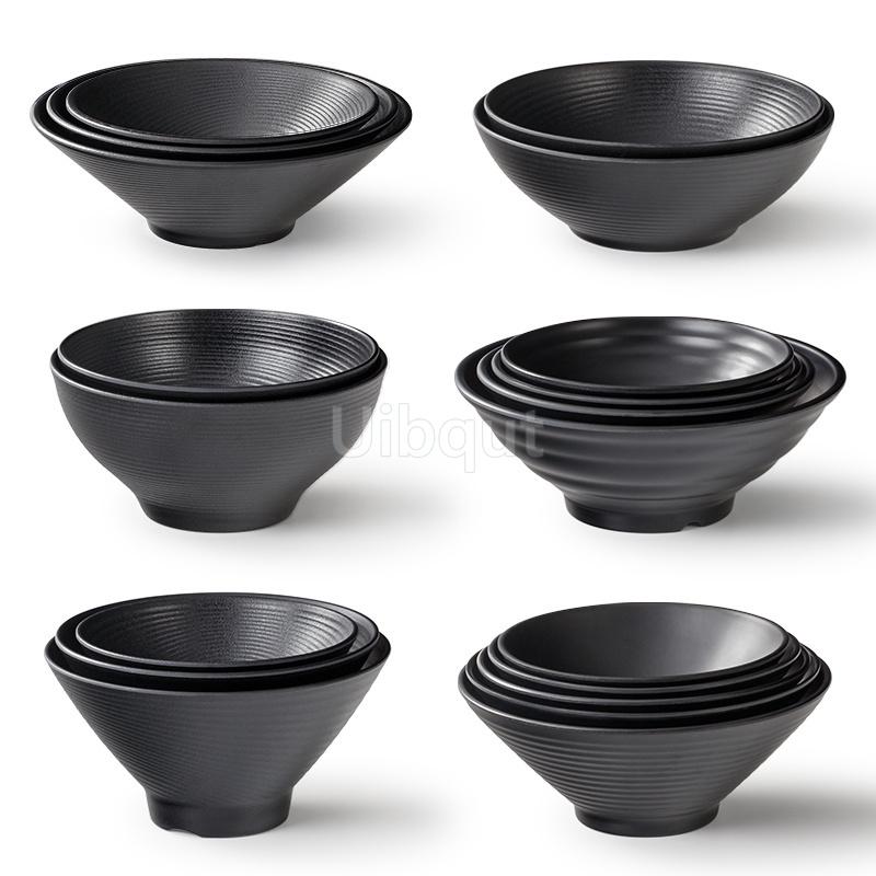 Black Melamine Tableware Black Matte Stripe Ramen Bowl Plastic Household Rice Noodle Salad Bowl Kitchen Dumpling Ramen Bowl Set