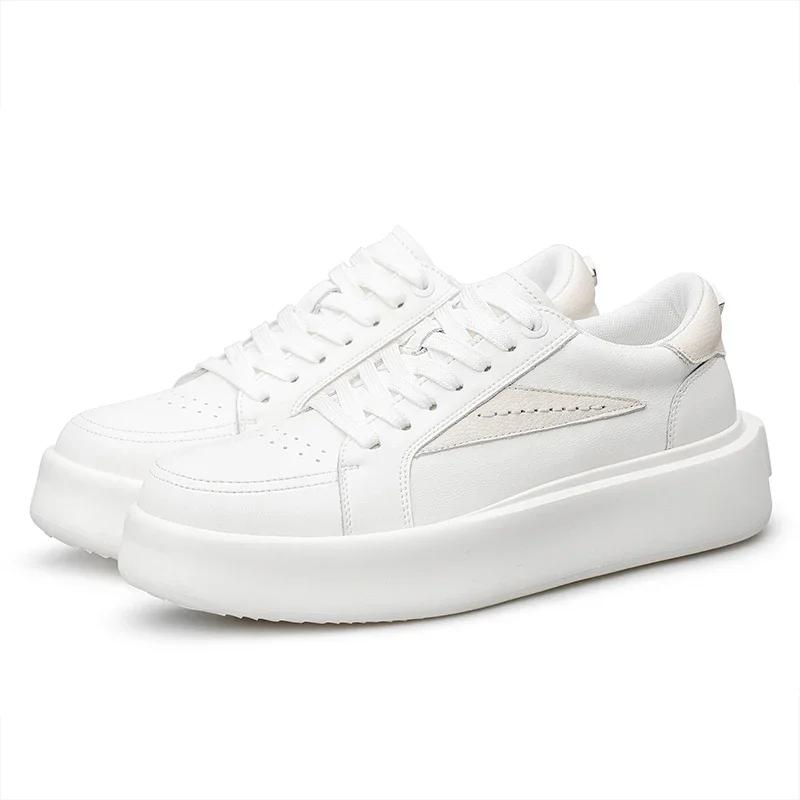 Fashion Casual Leather Vulcanized Shoes British Genuine Leather Thick Bottom Board Shoes Fashion Designer Flats New Trendy Walking Shoes