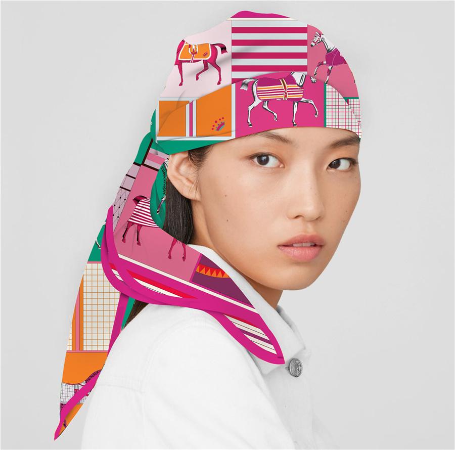 Silk Scarf Women Horse Print Square Scarves Head Echarpes Silk Foulards Femme Wraps Beach Shawl Bandana Lady Hijabs 90CM