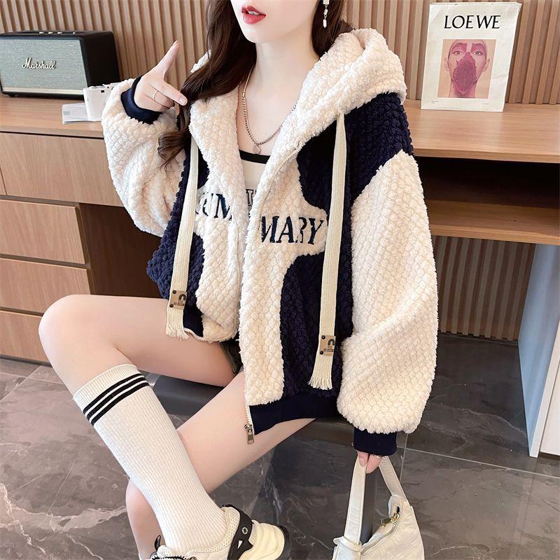 

Пальто для жінок Флісове Утеплене Плюшеве Осінньо-зимове Вітрівка Оверсайз Повсякденна Куртка на блискавці з капюшоном M темно-синього кольору