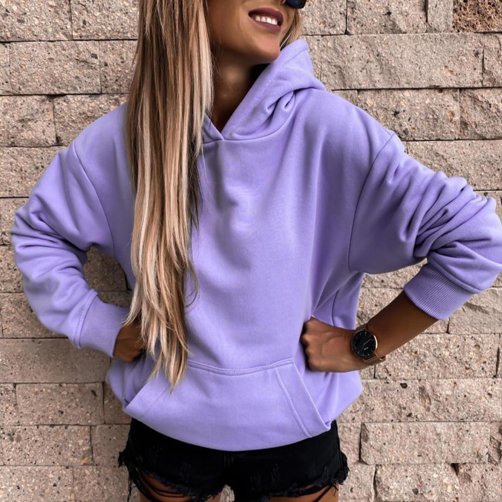 Damen-Sweatshirt mit langen Ärmeln, einfarbigem Pullover und Kapuze