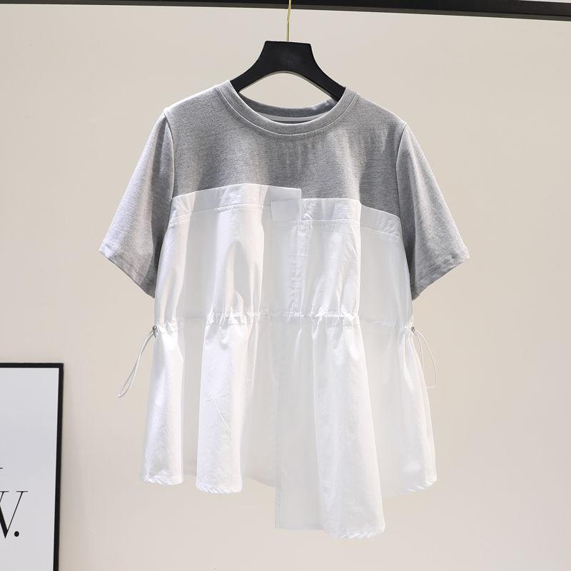 Women Clothing Irregular Contrast Patchwork Trend Tops Summer New Short Sleeve Drawstring Loose Vintage T Shirts Fashion Casual