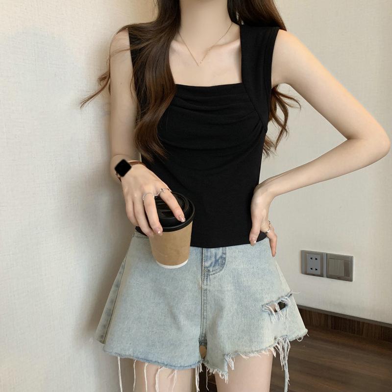 

Ladies Summer Fashionable Wrinkled Sling Square Neck Slimming Tank Top Versatile Solid Color Vest Sleeveless Bottom Shirt M