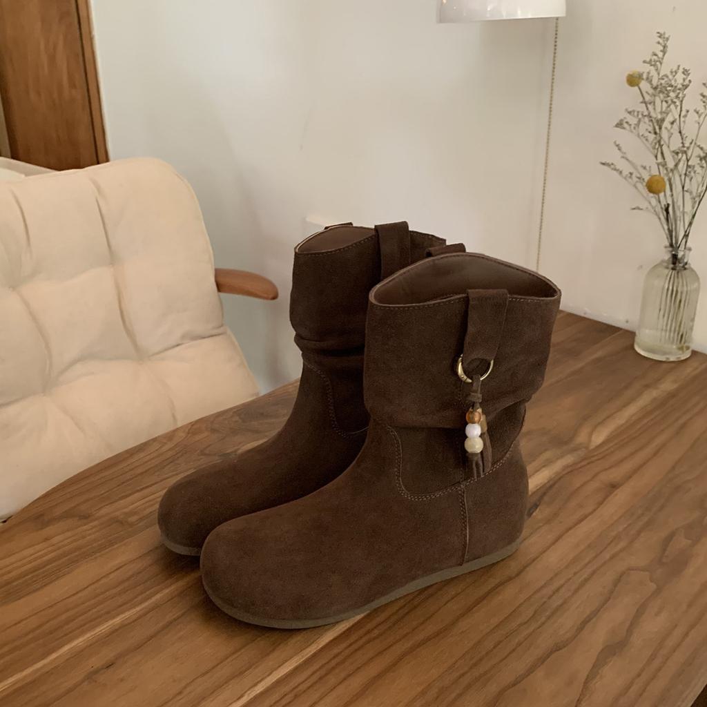 Grape mother same retro fringed beaded flat bottom piled small short boots delicate round head versatile inner height increasing Martin boots