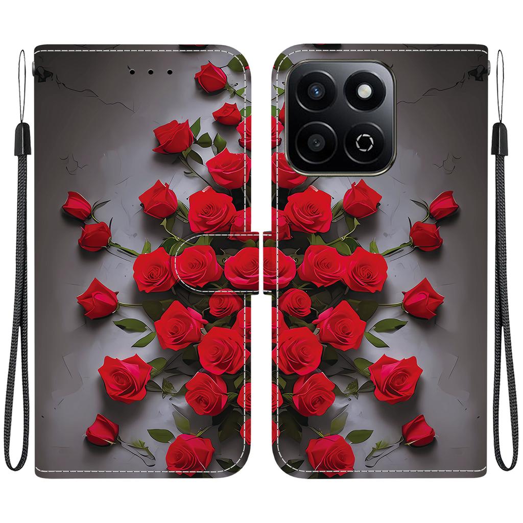 Handmade PU Leather Flip Case for Honor X7c Anti-Slip Shockproof Cover with Wrist Strap & Heart/Rose Cat Designs