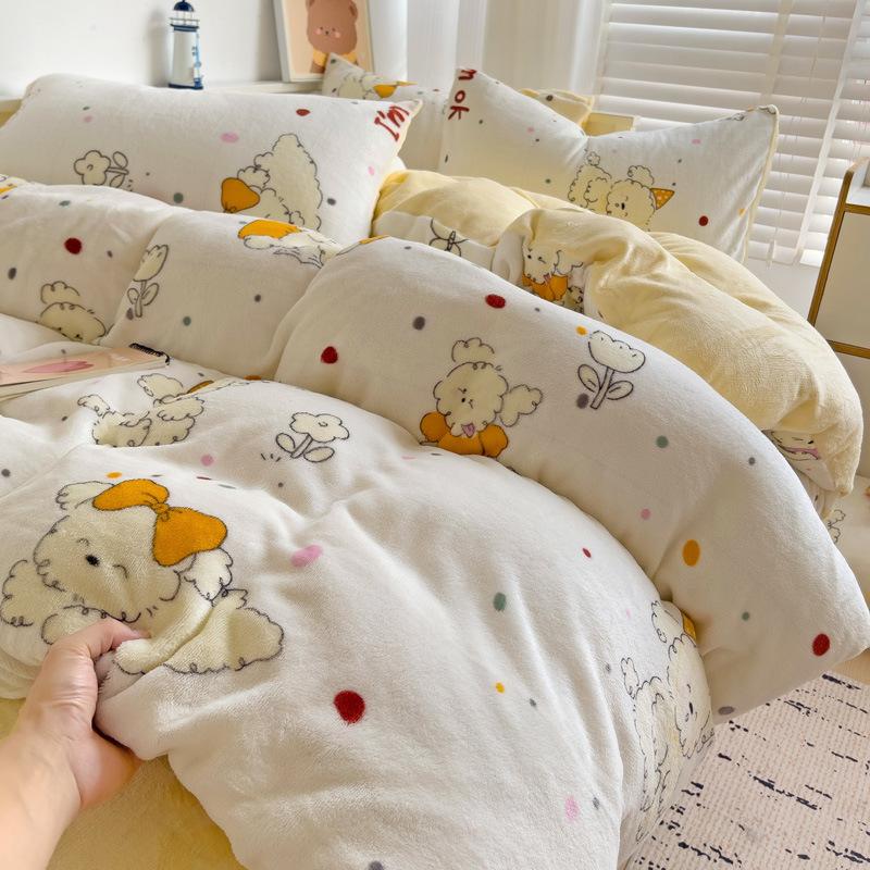 Thickened Milk Fleece Four-Piece Set, Milk Fleece Coral Fleece Bed Sheet Quilt Cover Double-Sided Flannel Bed Three-Piece Set