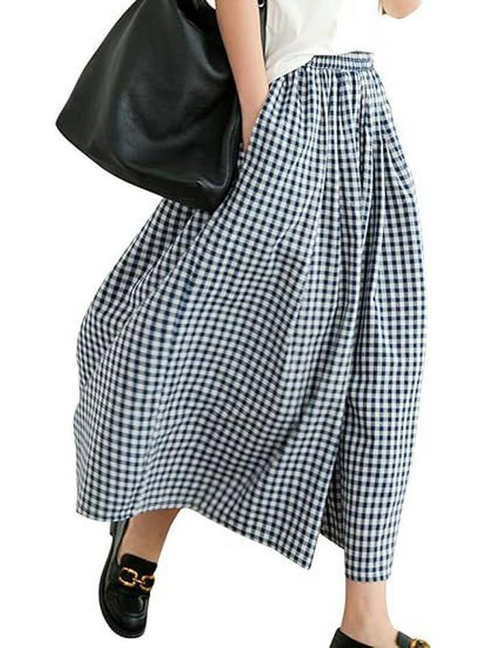 2024 Autumn Plus Size Plaid Cotton Linen Wide-Leg Skirt Pants - Elegant and Casual