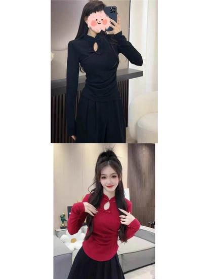 Spring 2025 Women's Slim Fit Long Sleeve Chinese High Neck Frog Button Top