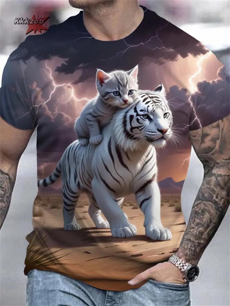 Letní Pánské Tričko s Krátkým Rukávem s 3D Potiskem Vzorů Zvířat s Kulatým Výstřihem Módní Ležérní