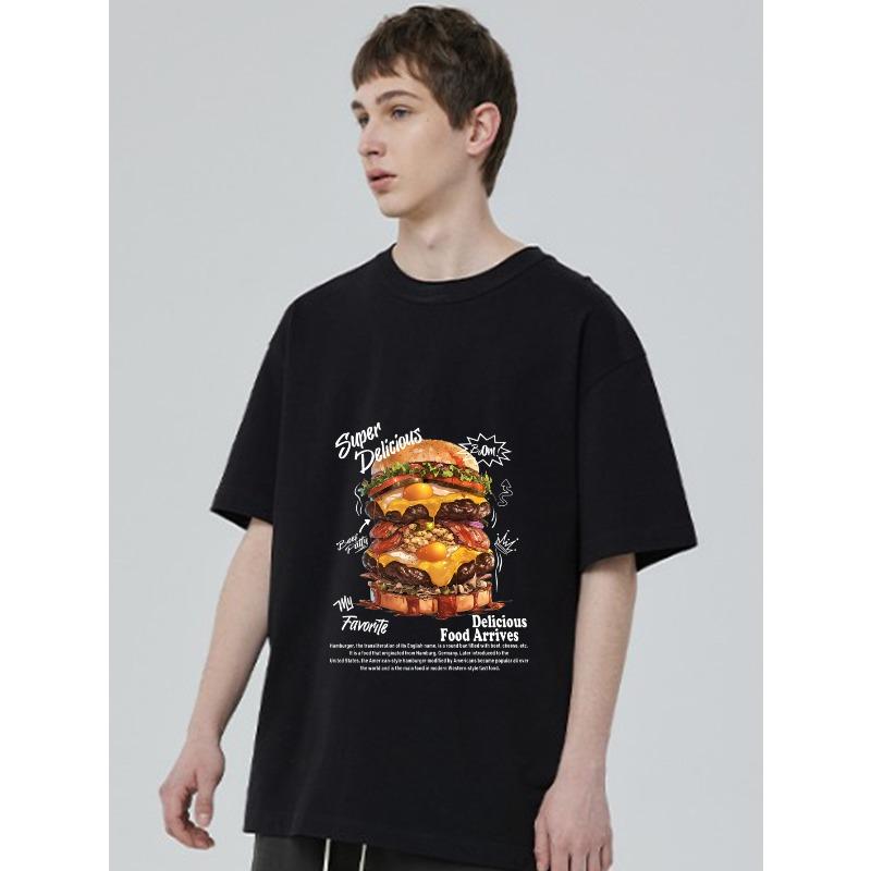 Black T-Shirt with Burger Graphic and Text Print for Casual Wear