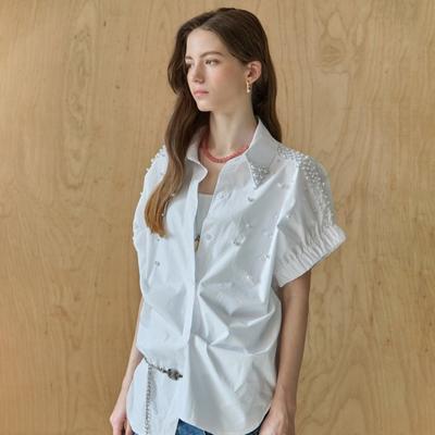 Pearl Detail Shirred Cap Sleeve Shirt Blouse Ze06qb002nh