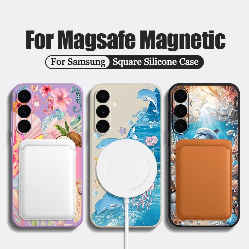 Blue Ocean Dolphin Print Case For Samsung Galaxy S26 Ultra S25 FE S24 S23 S22 Plus S21 FE Built-in Metal Plate Magnetic Silicone Cover