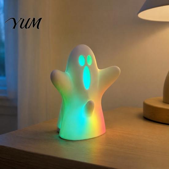 Cute Ghost Statue with Lights Halloween Decorative Light, Spooky LED Table Lamp Ornament, Funny Desktop Decoration Colorful Gradient Light Sculpture