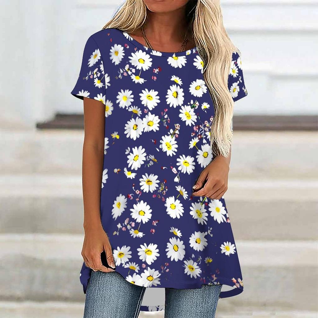 Túnicas Casuales Informales para Mujer con Estampado, Cuello Redondo, Dobladillo Irregular y Manga Corta