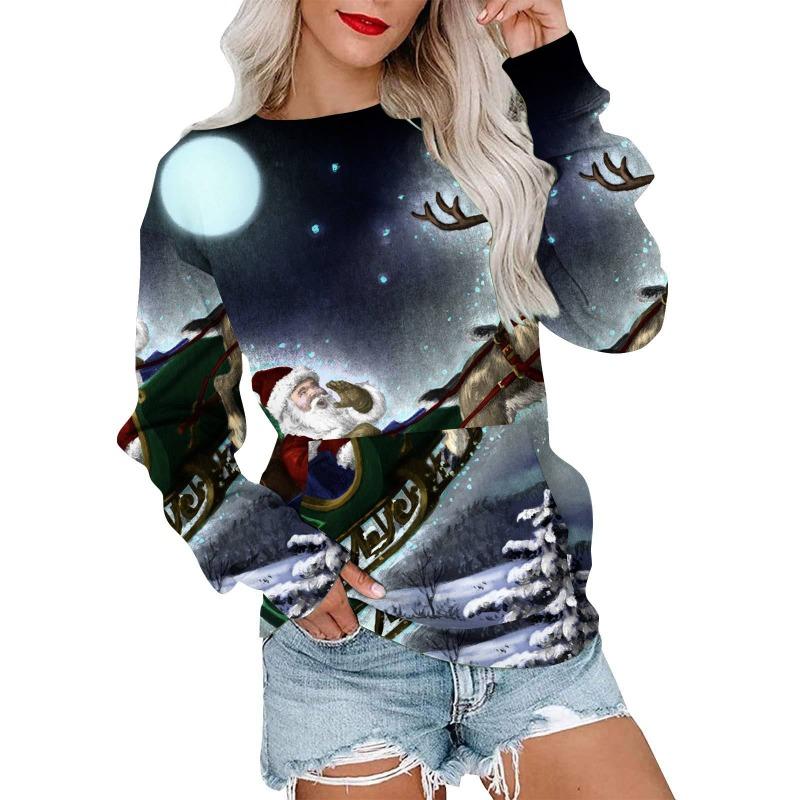 Autumn Winter Fashion Christmas Series Christmas Tree Elk Printed Pocket Round Neck Hoodie