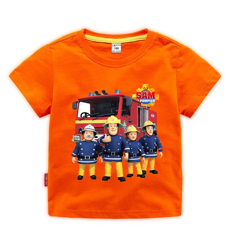Children Cartoon Fireman Sam Print Cotton Tshirts for Boy Shirt Girl Short Sleeve Tee Top Clothes Kids Clothing Unisex 210Year
