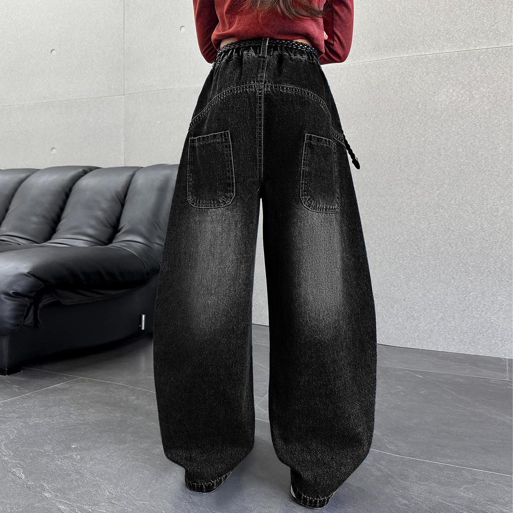 Autumn 2025 Girls' Wide-Leg Scimitar Jeans - Casual Long Pants for Kids