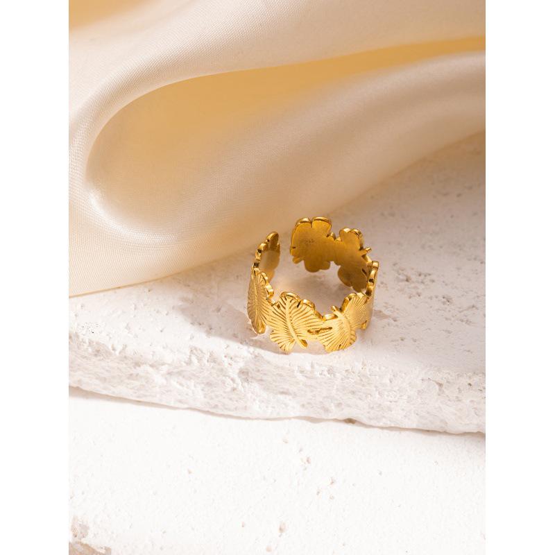 Retro Titanium Steel Irregular Leaf Butterfly Open Ring for Women