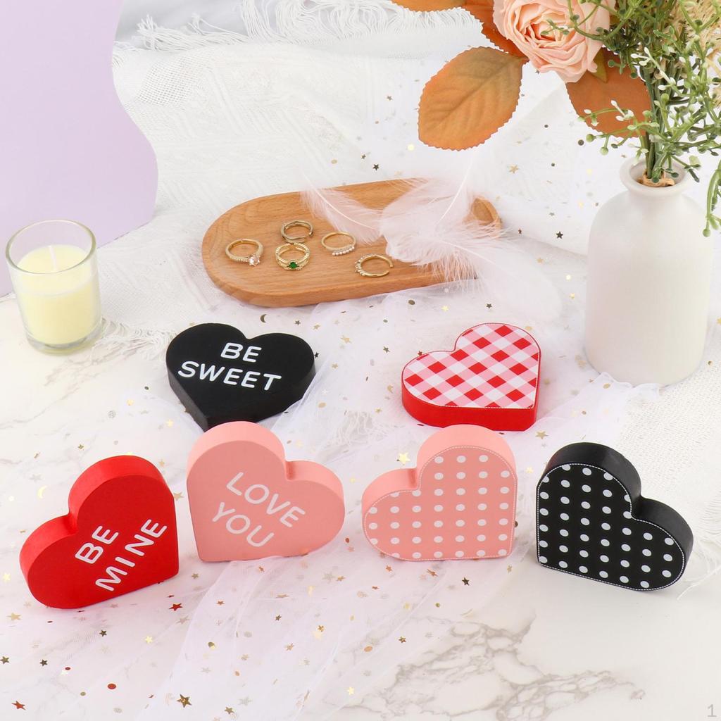 6Pcs Valentine's Day Wood Sign, Tabletop Decor Double Sided Wooden Table Heart Sign for