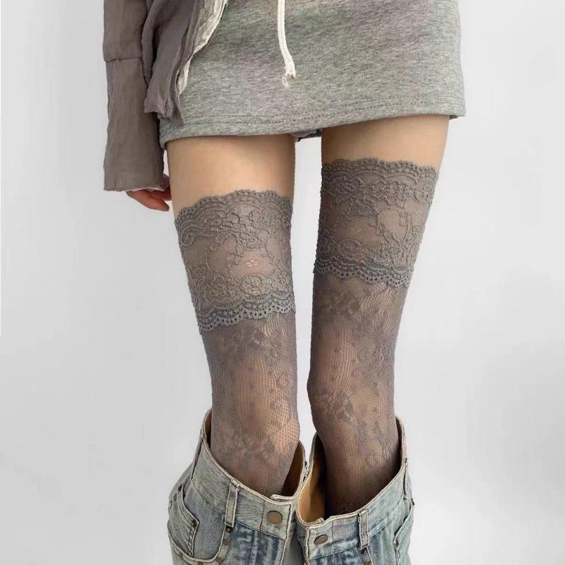 New Women Flower Lace Fishnet Thigh High Stockings Japanese Style JK Girl Sweet Lace Trim Frilly Over Knee Long Socks