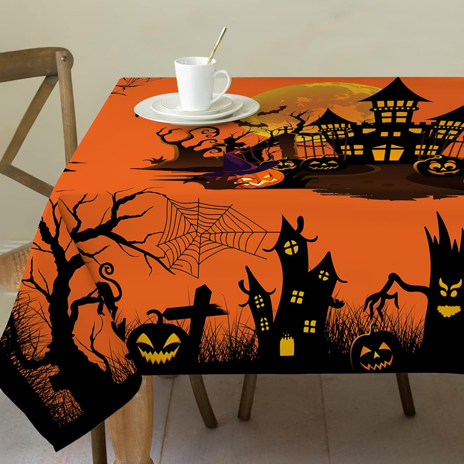 Halloween Pumpkin Castle Rectangle Tablecloth Holiday Party Decor Reusable Orange Waterproof Tablecloth Halloween Decorations 90x140cm