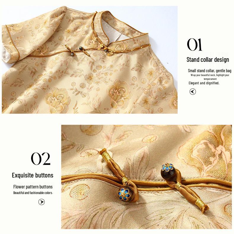 Elegant Golden Qipao-Style Dress: Silk Brocade with Gold Thread